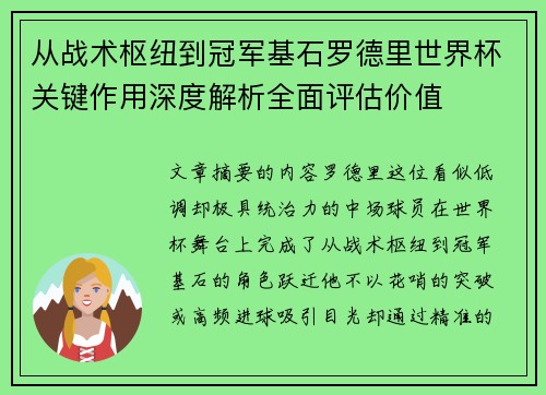 从战术枢纽到冠军基石罗德里世界杯关键作用深度解析全面评估价值 从战术枢纽到冠军基石罗德里世界杯关键作用深度解析全面评估价值